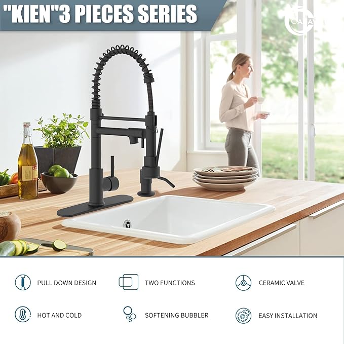 Kitchen Faucet with Soap Dispenser, Single Handle Spring Kitchen Sink Faucets with Pull Down Sprayer and Deck Plate,Black Faucet for Camper Farmhouse RV Kitchen Sink,Dual Function Spray Head