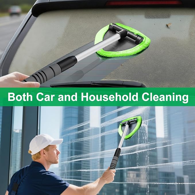 XINDELL Windshield Cleaner Tool – Upgrade Large Head Car Interior&Exterior Window Cleaning Kit with Extendable Handle & 4 Microfiber Pads, Auto Wiper Brush for Car, Trucks, SUVs, RVs & Home Windows