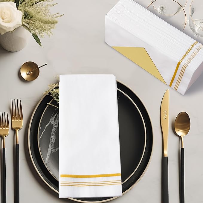 200 Linen Feel Paper Hand Towels for Bathroom, Disposable Guest Towels, Soft and Absorbent Paper Towels Napkins Bulk for Dinner Parties Kitchen Wedding Graduation, 12" x 17"(Gold Trim Lined)