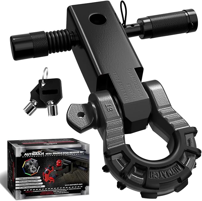 AUTMATCH Shackle Hitch Receiver 2" with 3/4" Mega D Ring Shackle and 5/8" Trailer Hitch Lock Pin, 68,000 Lbs Break Strength Heavy Duty Receiver Tow Kit for Off-Road Vehicle Recovery, Black & Gunmetal