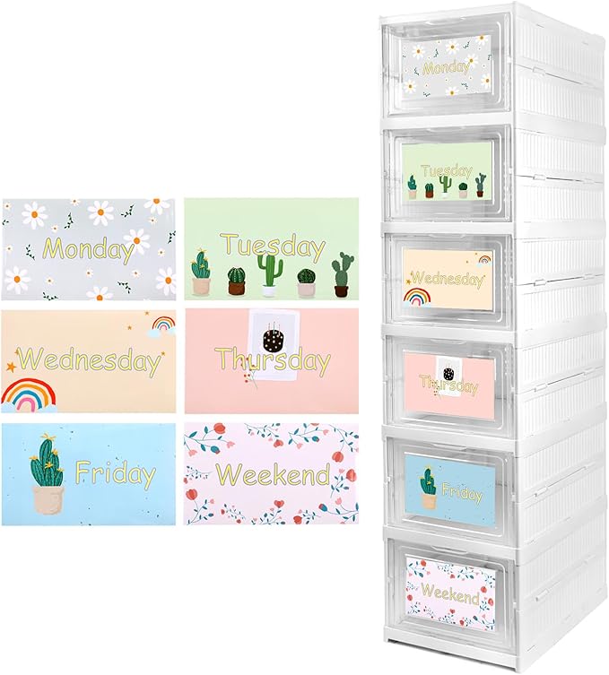 GRETJOB Weekly Clothes Organizer for Kids with Doors - 6-Tier Hanging Closet Shelves, Foldable Storage Cubby for Boys Girls, Durable Plastic Wardrobe Cabinet, Monday Through Friday Sorter