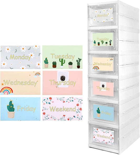GRETJOB Weekly Clothes Organizer for Kids with Doors - 6-Tier Hanging Closet Shelves, Foldable Storage Cubby for Boys Girls, Durable Plastic Wardrobe Cabinet, Monday Through Friday Sorter