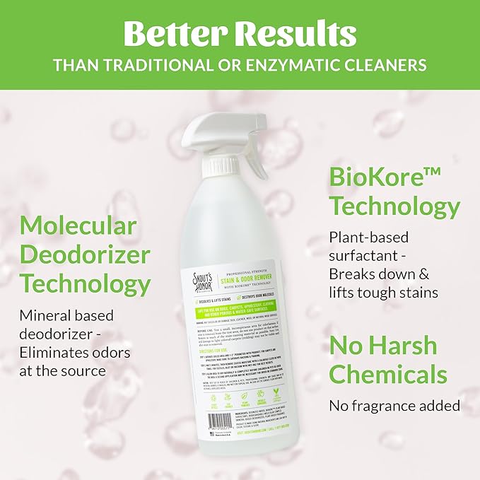 SKOUT'S HONOR Pet Stain and Odor Remover - Powerful Cleaner for Dog Urine, sweat, and other messes, Destroys and Removes Odor and Stain Molecules, Eco-Friendly Formula for Carpets and Home, 35oz