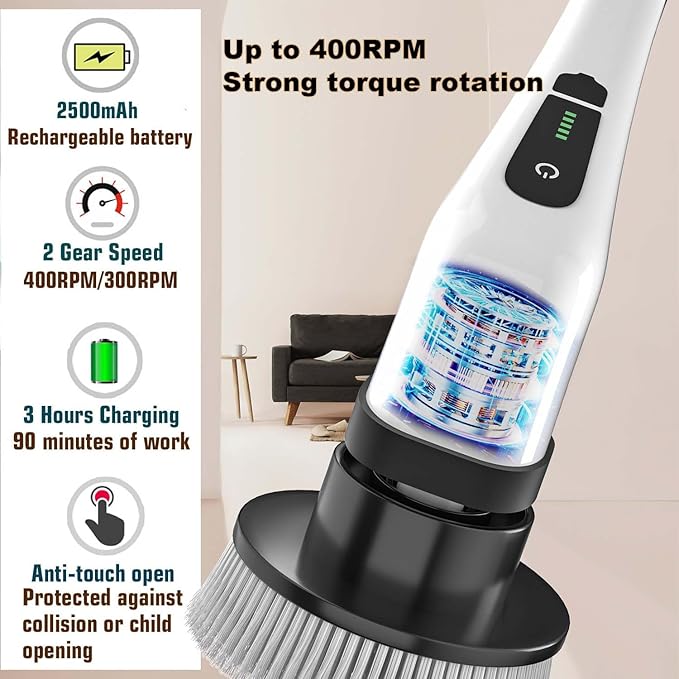 Electric Spin Scrubber, Cordless Cleaning Brush, Rechargeable Scrub Brush with 7 Replaceable Brush Heads, Adjustable Long Handle Power Scrubber for Bathroom Tile Bathtub Glass