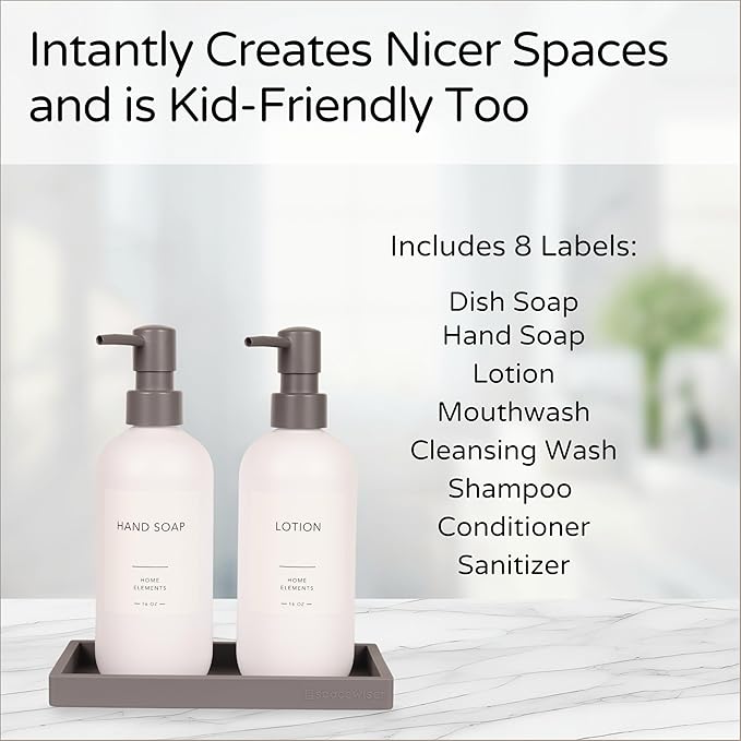 Plastic Soap Dispenser Set - PET Plastic Dish Soap Dispenser for Kitchen, Hand Soap Lotion Bottles with Pump Dispenser for Bathroom, Includes 8 Waterproof Labels, 16 oz, Gray Silicone Tray
