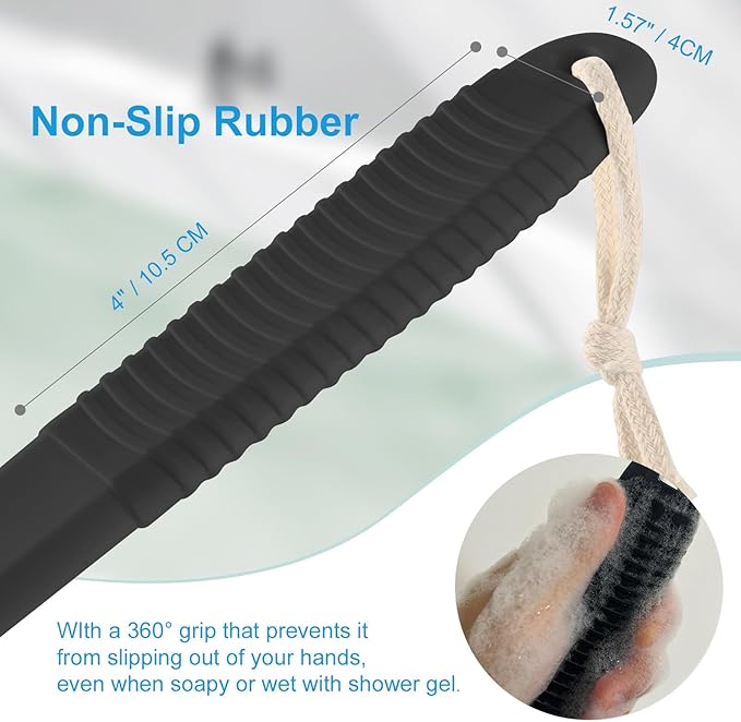 VANZAVANZU Back Scrubber for Shower, Bath Brush with 17-Inch Long Anti-Slip Handle, Wet and Dry Brushing Body Brush for Body Cleansing, Back Brush for Men and Women (Jet Black)