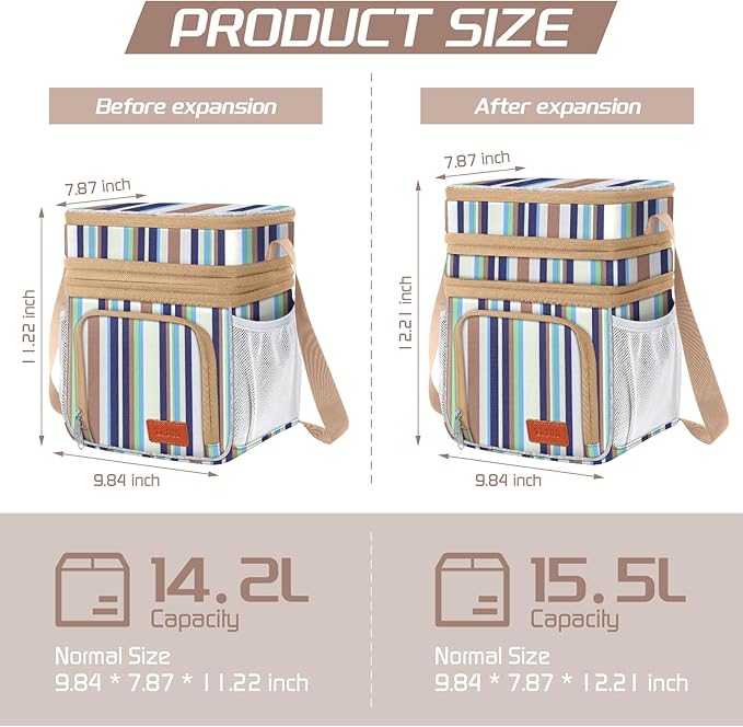 Insulated Lunch Bag for Women Men, Reusable 3 Layers Lunch Box Women, Expandable Reusable Water-resistant Lunch Box for Work Travel Office Picnic Hiking (Stripe)