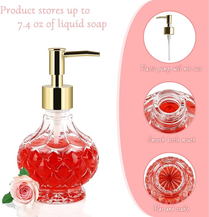 Glass Hand Soap Dispenser Bathroom with Rust Proof Pump for Kitchen Dish Soap, Hand Soap, Essential Oil & Lotion (2PCS New Gold)