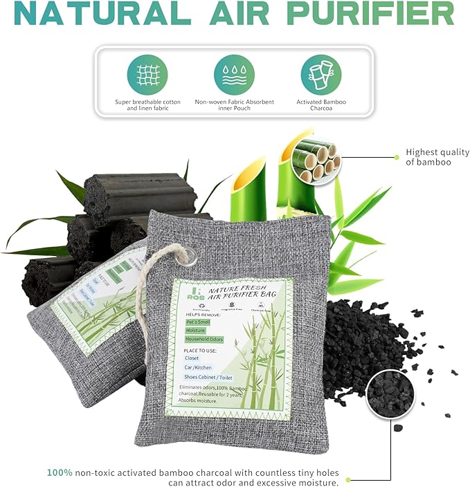 4 Pack Activated Charcoal Odor Absorber. Nature Fresh Bamboo Charcoal Air Purifying Bag Home Closet Air Freshener Deodorizer and Moisture Eliminator, Purifier for Closet, Shoe, Car Air freshener
