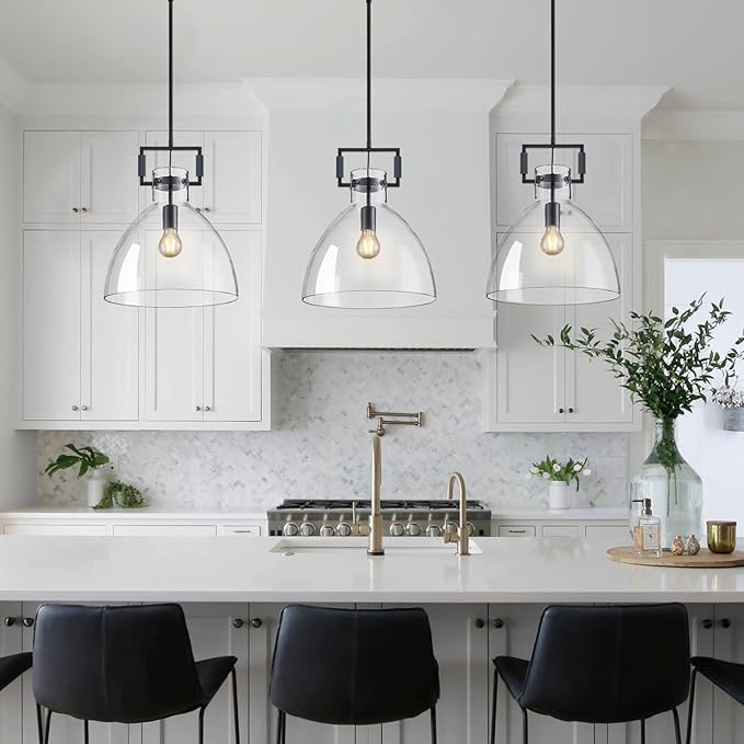 Mondern Large Black Kitchen Island Pendant Light, 14 '' W 1-Light Glass Chandelier,Island Pendant Lights,Farmhouses Pendant Light, for Kitchen,Dining Room,Bathroom,Includes Bulbs