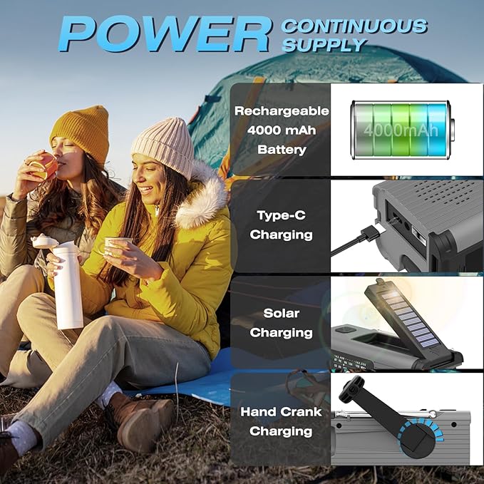 Emergency Radio 4000mAh Solar Hand Crank AM/FM/NOAA Portable Weather Radio with Phone Charger, LED Flashlight, Reading Lamp, SOS Alarm, Headphone Jack for Indoor Outdoor Emergency, USB Charged