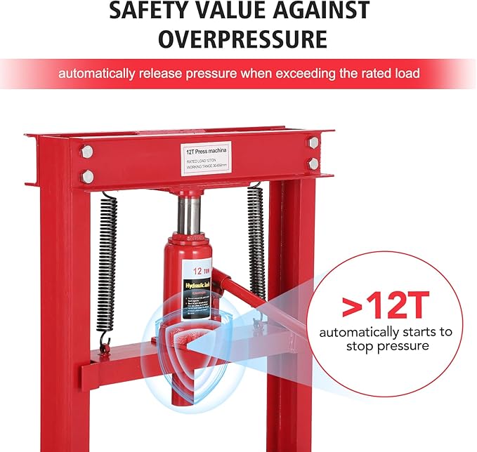 12 Ton Hydraulic Shop Press, H-Frame Garage Floor Adjustable Shop Bearing Press with Stamping Plates to Bend, Straighten, Or Press Parts, Install Bearings & U-Joints