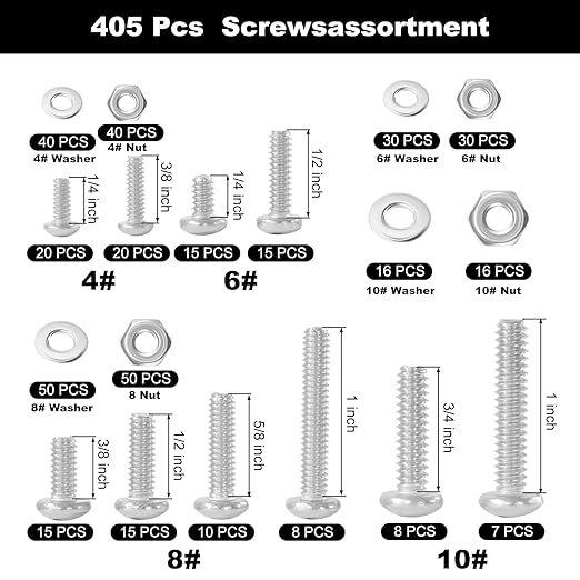 405Pcs SAE Machine Screws Bolts Nuts and Flat Washers Assortment Kit, #4-40#6-32#8-32#10-24, 304 Stainless Steel Phillips Pan Head Bolts Hex Nuts Flat Washers Set Kit with Storage Case