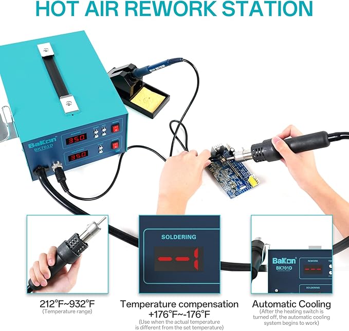 BK701D 700W Soldering Station, 2 In 1 Hot Air Rework & Soldering Iron Station, SMD ESD Safe Solder Station,Electronic Soldering Kit For Mobile Phone Laptop Repair or Circuit Board Soldering