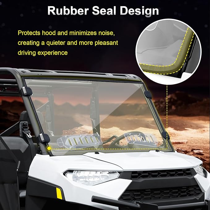 Scratch Resistant & Vented Full Windshield Compatible with Polaris Ranger 1000 / XP 1000 / Crew 1000 2017-2025 PC Clear Protects Against Wind, Dust, Dirt, Snow, Rain