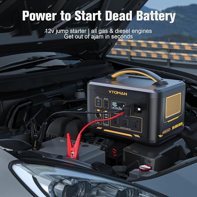 VTOMAN Jump 1800 Portable Power Station with Jumper Cables, 1548Wh LiFePO4 Battery Solar Generator with Jump Start for Car, 1800W 3xAC Outlets, 2xPD 100W Type-C, Large Capacity for Camping RV Backup