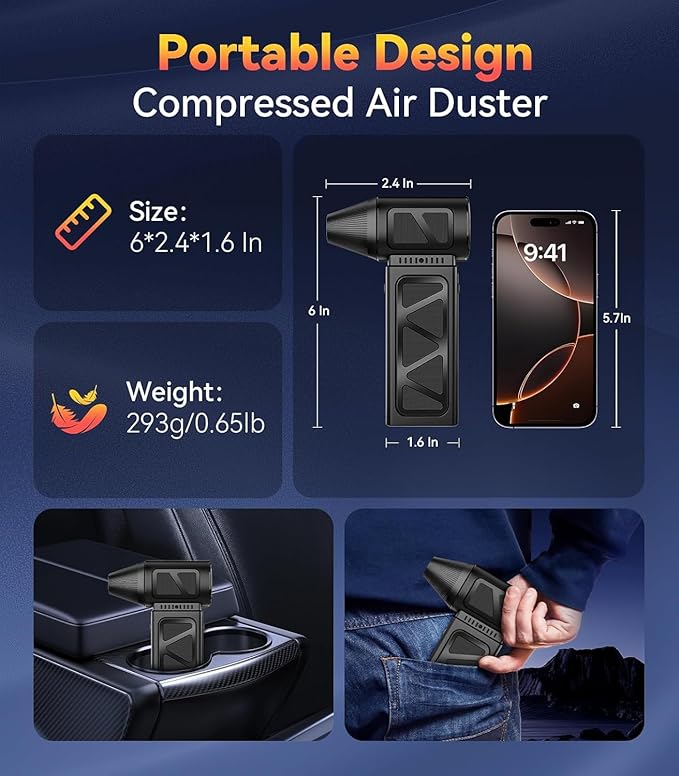 Upgraded Compressed Air Duster, 360000 RPM Electric Air Duster with 5 Gear Power Motor, 8000mAh Rechargeable Cordless Mini Blower Jet Turbo Fan Replace Air Can for Computer Keyboard Car Outdoor