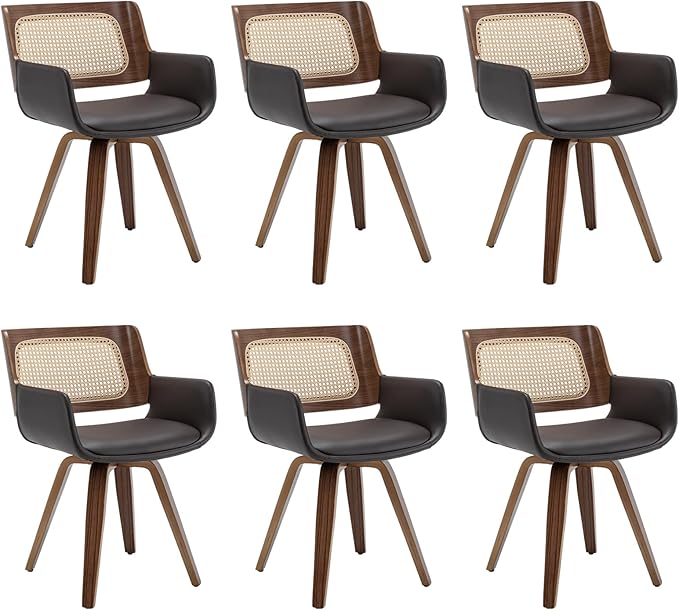 Set of 6 Cane Back Dining Chairs - Swivel Dining Room Chairs with Curved Arms, Ergonomic Cane Back, Walnut Craftsmanship, Versatile for Restaurant/Conference/Kitchen/Living Room (Walnut Brown)