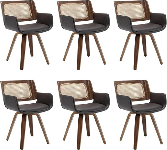 Set of 6 Cane Back Dining Chairs - Swivel Dining Room Chairs with Curved Arms, Ergonomic Cane Back, Walnut Craftsmanship, Versatile for Restaurant/Conference/Kitchen/Living Room (Walnut Brown)
