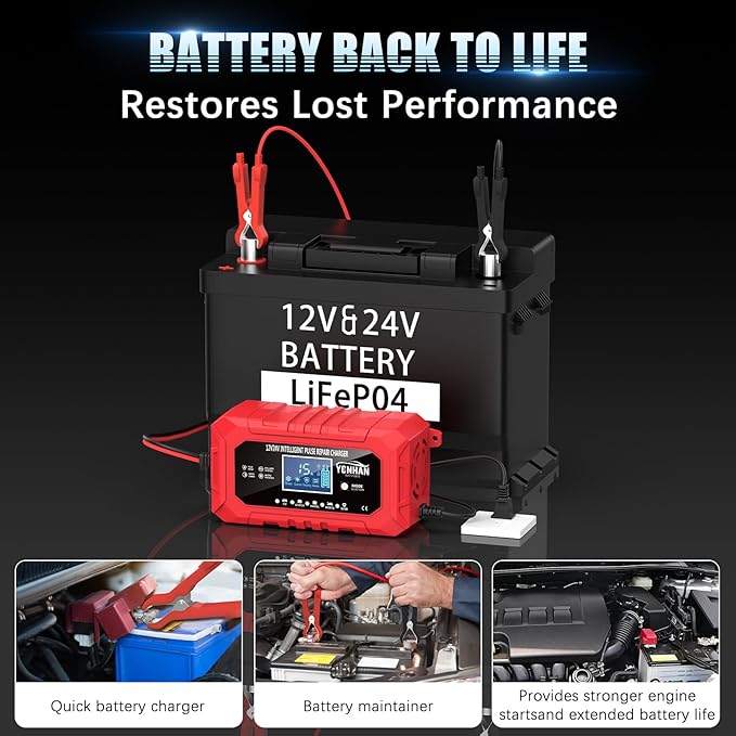 YONHAN 15A Battery Charger, 12V/24V LiFePO4 & Lead Acid Car Battery Charger, 9-Stage Trickle Charger with Temp Compensation, Automotive Battery Maintainer for Car Truck Motorcycle Lawn Mower Boat(Red)