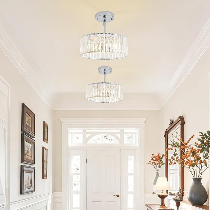 3-Light Modern Crystal Chandelier for Dining Room,Small Gold Semi Flush Mount Ceiling Light Fixtures,12'' Round Kitchen Hallway Pendant Lighting Fixture, for Entryway Foyer Laundry Room