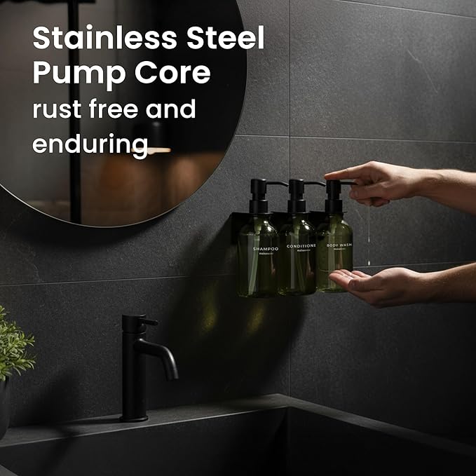 MaisoNovo Shampoo and Conditioner Dispenser - Shower Soap Dispenser Wall Mounted - 16.9 fl oz Set of 3 Green Plastic Bottles Black Pump - Shampoo Dispenser, Shower Dispenser