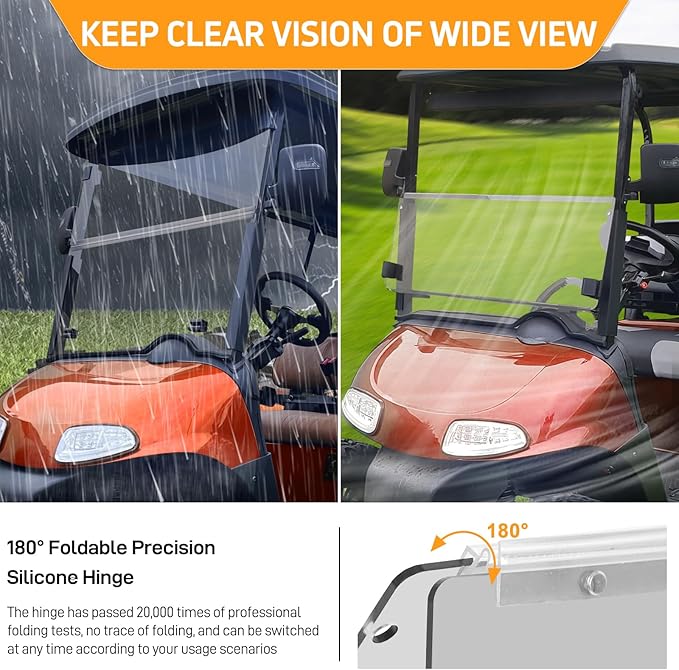 Golf Cart Foldable Windshield Fits 2008-Up EZGO RXV / Freedom RXV Only, 3/16" (5MM) Thicken Fits 1-1/4" Struts, Front Folding Windshield Replacement, Included Hardware