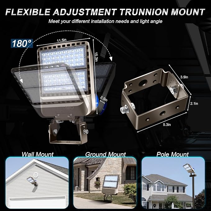 ledmo LED Parking Lot Lights 200W LED Flood Light Outdoor 28000LM 5000K Exterior Trunnion Mount Dusk to Dawn Area Commercial Street Wall Mount IP65 3 Pack Stadium Shop Barn Garage