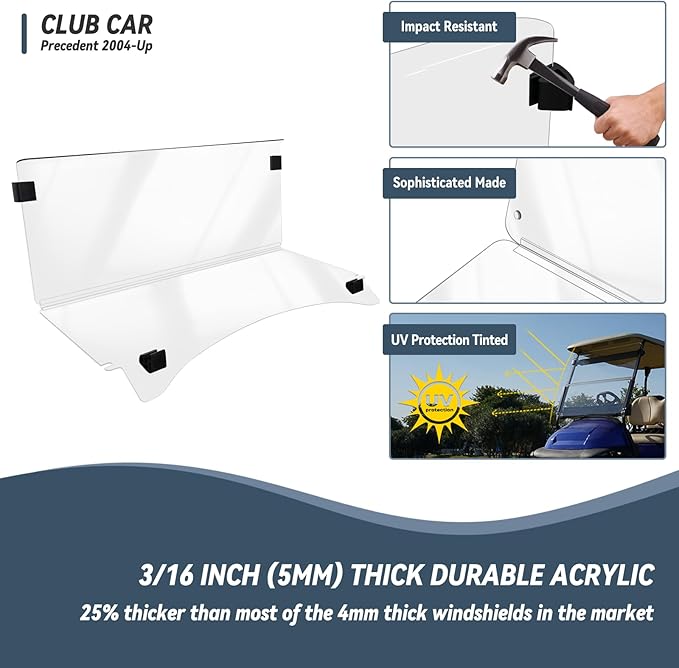 Golf Cart Windshield for EZGO/Club Car DS/Precedent/Yamaha Gas & Electric Models, 5MM Thicken Foldable, Clear Highly Transparent and Impact Resistant Acrylic