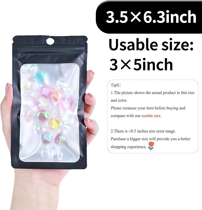 100 Pack Resealable Plastic Bags for Food Storage, Zipper Bags with Clear Front Window, Packaging Pouch for Small Business (Black, 3.5x6.3 inch)