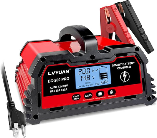 LVYUAN 20Amp Smart Car Battery Charger, 12V/24V Automotive Charger, LiFePO4 Battery, Lead-Acid Battery Maintainer with LCD Display, Trickle Charger, for Lawn Mower, Motorcycle, AGM, STD, Gel, EFB,etc