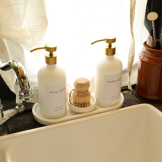 Set of 5 Kitchen Soap Dispenser Set 16 Oz Glass Hand Dish Soap Dispenser with Stainless Steel Pump, Cement Tray, Dish Scrub Brush for Farmhouse Rustic Home Bathroom Decor (White)
