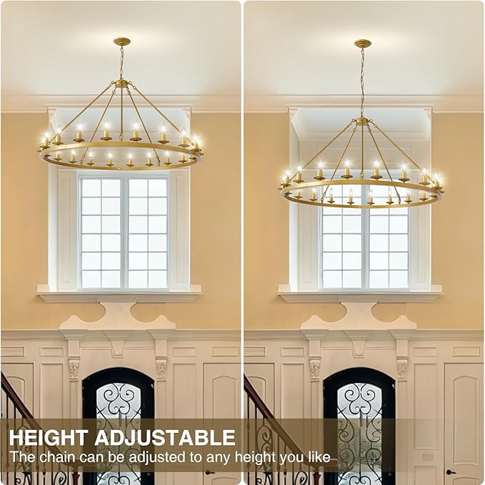 Wagon Wheel Chandelier, 20-Light Gold Modern Rustic Large Farmhouse Chandelier Adjustable Height Light for Ceiling Living Room, Entryways, Foyer,Dining Room, Kitchen