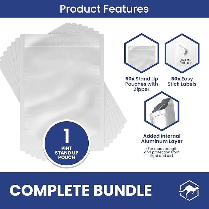 Wallaby 50 Count 1-Pint Gusset Mylar Bags with Labels, 11 Mil Total Thickness Long-Term Food Storage Pouches, 15x12 Stand-Up Zipper Heat-Sealable Airtight Packaging - Silver