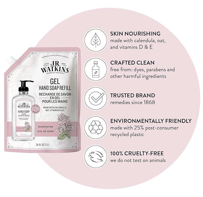 J.R. Watkins Gel Hand Soap Refill, Moisturizing Hand Wash, Alcohol-Free, Cruelty-Free, Rosewater, 34 Fl Oz, 3 Pack