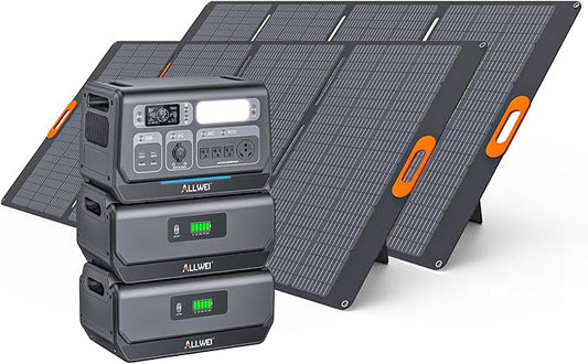 ALLWEI 2400W Portable Power Station (Surge 4800W) with 2x400W Solar Panel and 2x2048Wh Expansion Battery B200PRO Included, 4 AC Outlet, Home Battery Backup Generator for RV Camping Emergency Outdoor