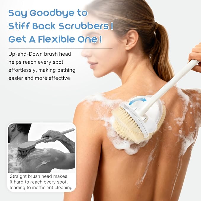 3-in-1 Flexible Up-Down Back Scrubber for Shower for Men & Women, 3 Detachable Back Brush Heads (Silicone/Sponge/Bristle), Ergonomic Long Handle Body Scrubber for Body Cleaning & Exfoliation