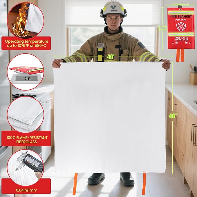 Fire Blankets Emergency For Home Survival Fire Blanket For Home And Kitchen Fire Suppression Blanket Fireproof Fiberglass Fire Safety Blanket RV Grill Fireplace Car Camping Hook Whistle 40"x40" 3 Pack