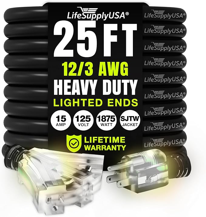 25ft Outdoor/Indoor Extension Cord 3-Outlet 12/3 Gauge Extra Heavy Duty 3 Prong SJTW, Waterproof, Flexible Cold-Resistant Long Power Cord,15A 125V 1875W, Black by LifeSupplyUSA