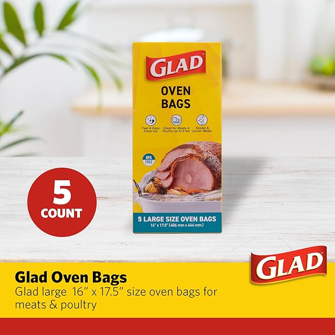 Glad Large Size Oven Bags for Meats & Poultry – BPA-Free* for Tender, Juicy Roasts with Fast & Easy Clean-Up, Cooking and Roasting Bags, Large 16" x 17.5" - 5 Count