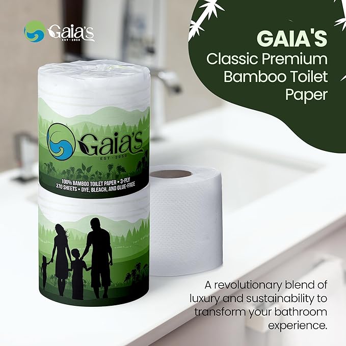 Gaias Premium and Soft Organic Bamboo Toilet Paper | 24 Mega Rolls, 3 Ply, 370 Sheets | FSC Certified, PFAS & BPA Free, Eco-Friendly, Sustainable Tissue - Plastic Free, Septic Safe, Vegan