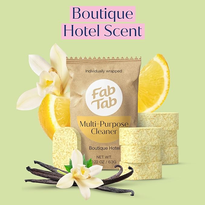 Fab Tab Multi Purpose Cleaner Cleaning Tablets, Eco-Concious Refillable Glass Bottle System with Boutique Hotel Scent, Safe For Family and Pets - Chemical-Free, Plastic-Free - 3 Count