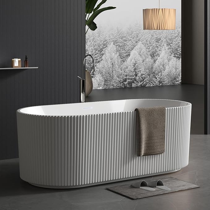 Acrylic Freestanding Bathtub, Deep Soaking Tub with Non-Slip Base, CUPC Certified Free Standing Tub, Chrome Drain Bath Tub, Modern Tub for Bathrooms, White, 59Inch