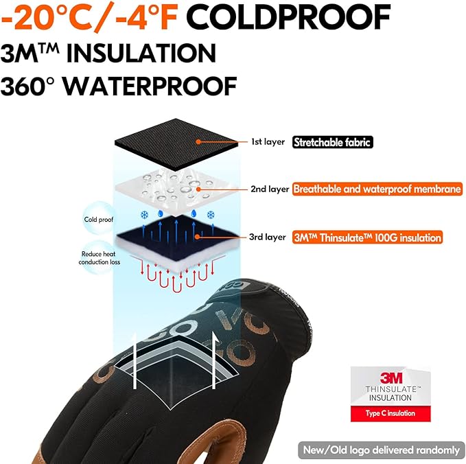 Vgo... 1-Pair -4? or above 3M Thinsulate C100 Winter Warm Waterproof Light Duty Mechanic Glove, High Dexterity, Anti-abrasion, Rigger Glove (Size M, Brown, GA9603FW)