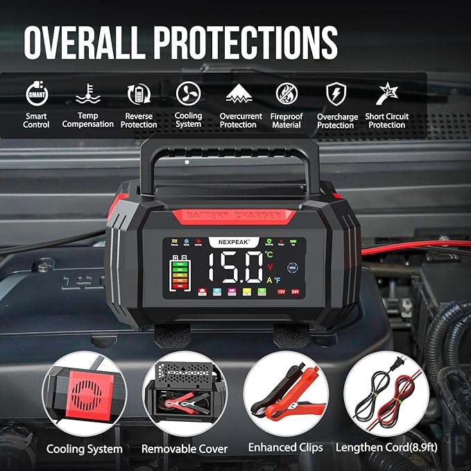 NEXPEAK 15A Battery Charger, Trickle Charger 12V/24V Car Battery Charger 9-Stage Smart LiFePO4 Charger Battery Maintainer w/Overcharge Protection Pulse Repair for Car Truck Motorcycle Lawn Mower