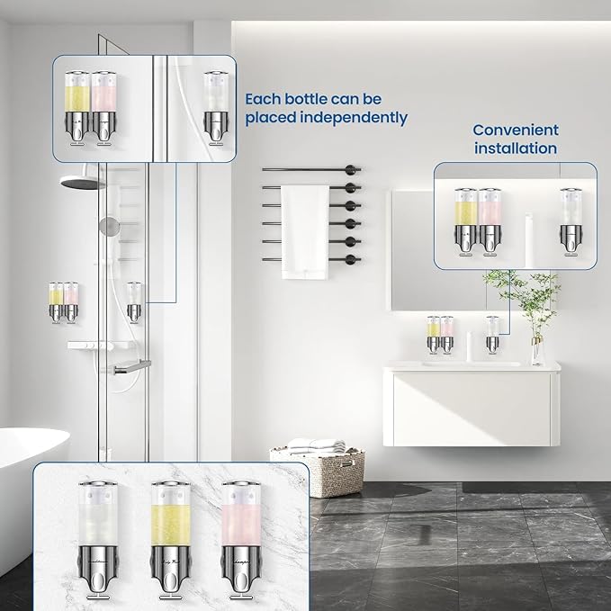 Shampoo and Conditioner Dispenser,Dispensers for The Shower,Shower Soap Dispenser 3 Chamber No Drill,Shampoo Conditioner Body Wash Dispenser Wall Mount for Bathroom(Triple x 17.6 oz,Clear)