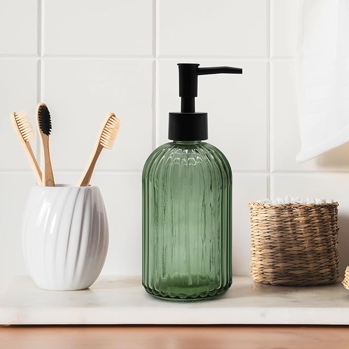 14oz Green Glass Soap Dispenser with Black Pump – Refillable for Hand Soap, Dish Soap, Lotion, Suited for Kitchen, Bathroom & Laundry Room (Olive Green)