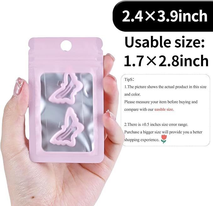 100 Pack Resealable Plastic Bags for Food Storage, Zipper Bags with Clear Front Window, Packaging Pouch for Small Business (Pink, 2.4x3.9 inch)