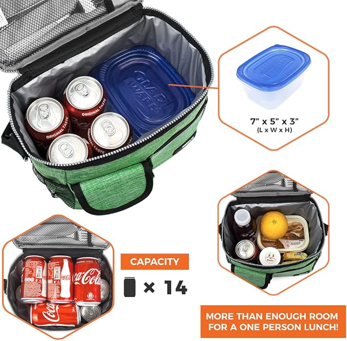 opux Insulated Lunch Bag for Men Women, Leakproof Heather Green Lunch Box for Work, Portable Soft Lunch Cooler Bag with Shoulder Strap, Adult Lunchbox Lunch Pail for Kid Boy Girl School, 14 Can/8L