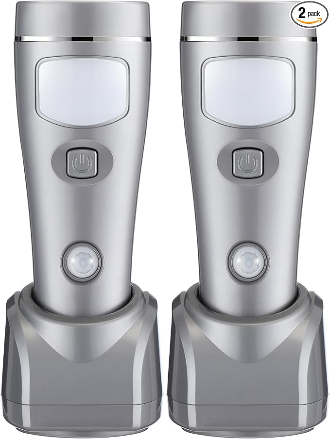 Enhon 2 Pack Rechargeable 4-in-1 LED Emergency Lights, Plug-in Flashlights with Motion Sensor Night Light, Auto-On Power Failure Light for Home, Hurricane, and Outage Supplies